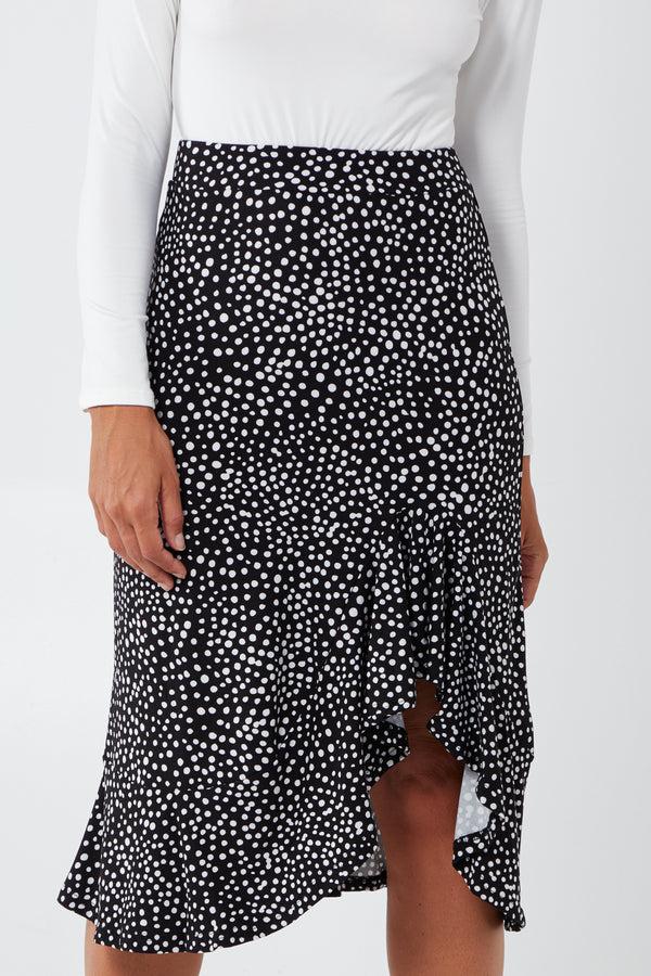 qed london Random Spot Print Asymmetric Frill Hem Soft Touch Midi Skirt