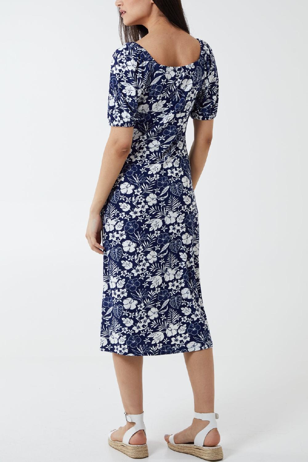 Qed London Recycled Yarn Stretch Crepe Elasticated Detail Floral Midi Dress