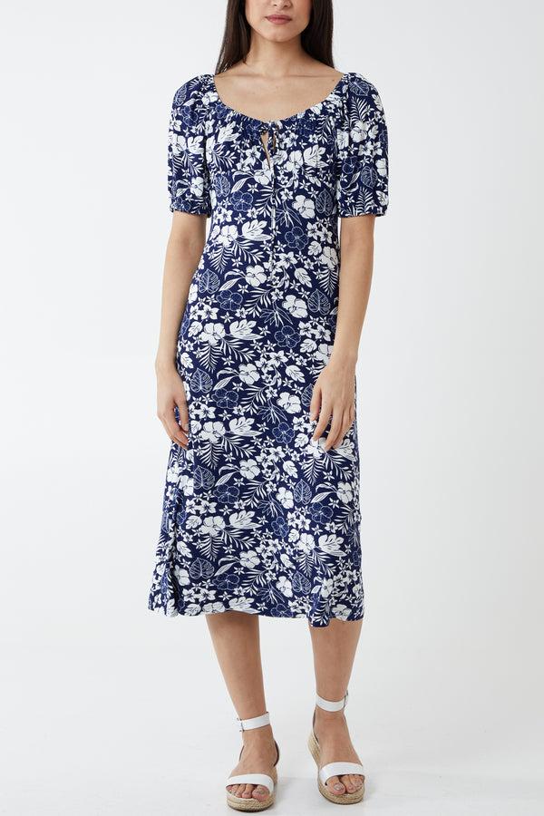 qed london Recycled Yarn Stretch Crepe Elasticated Detail Floral Midi Dress