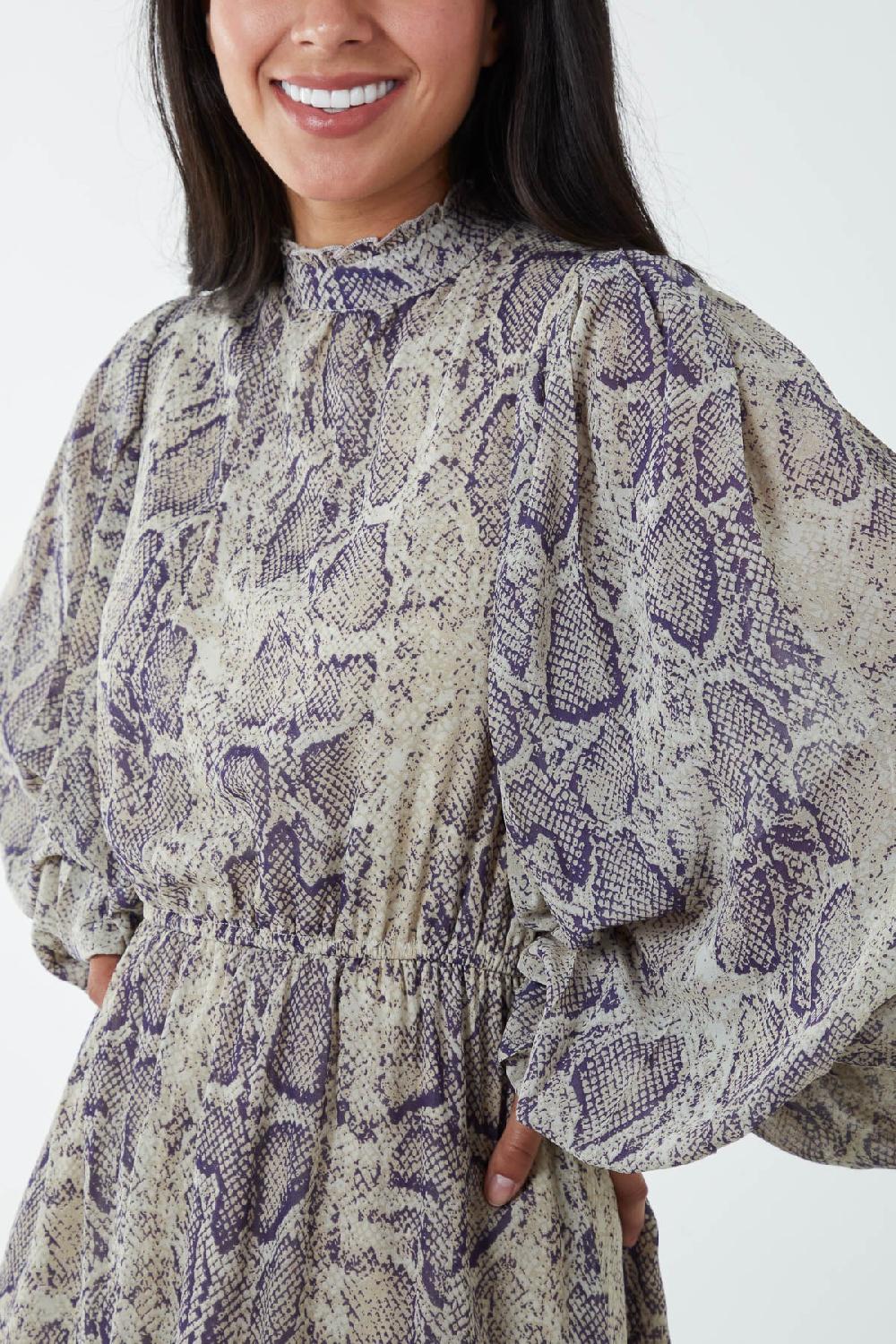 Qed London Reptile Print High Neck Pleated Midi Dress