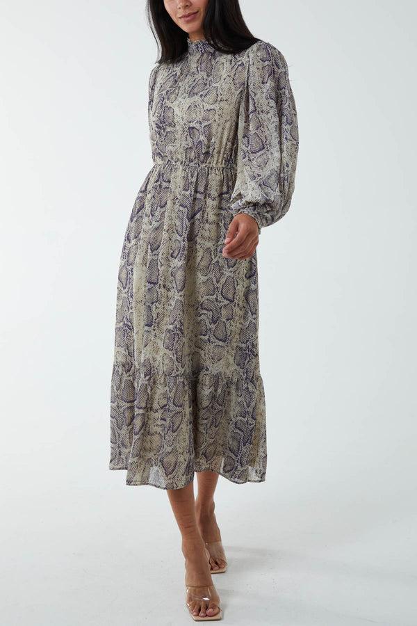 qed london Reptile Print High Neck Pleated Midi Dress