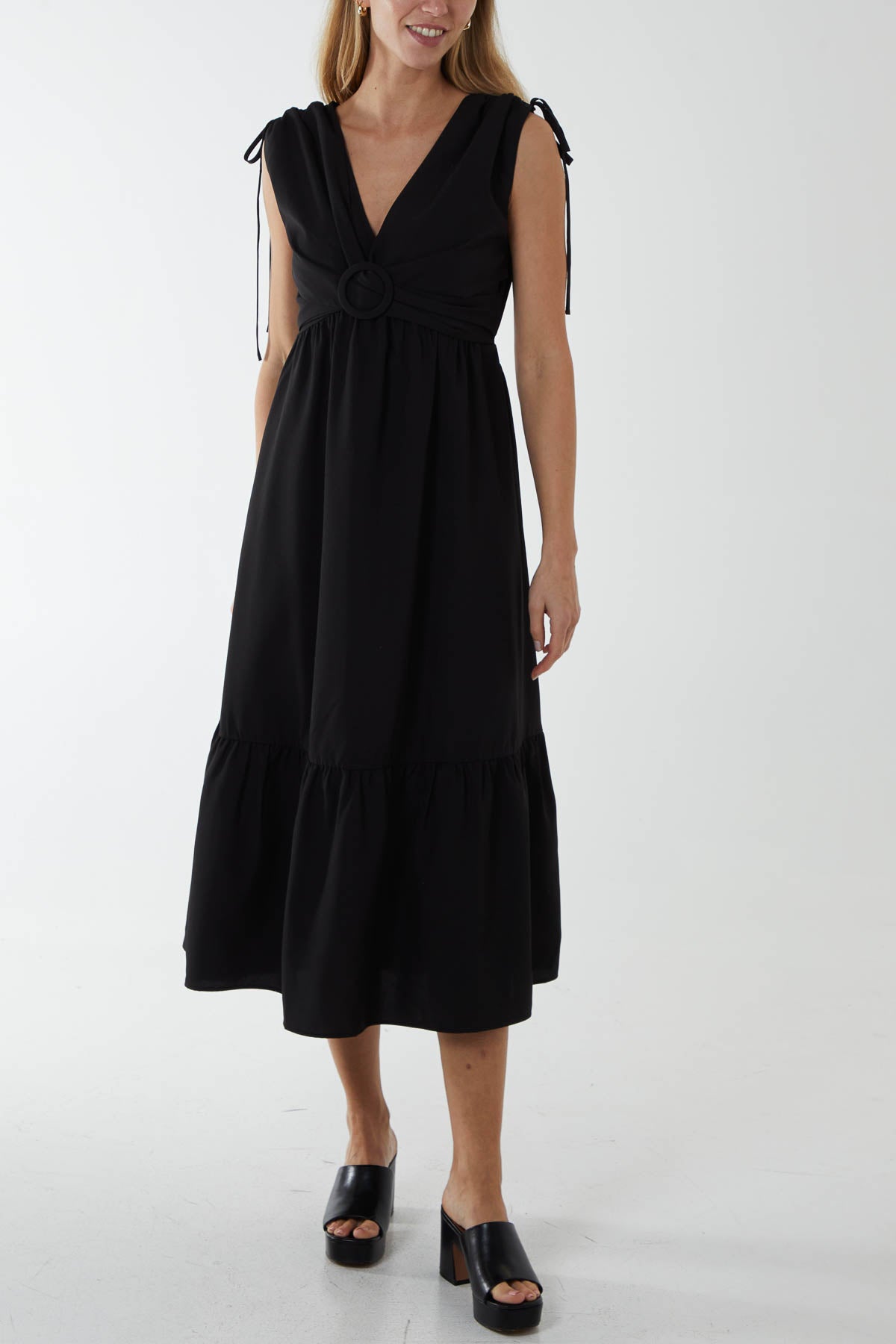 Qed London Ring Front Midi Dress With Channelled Shoulder Detail