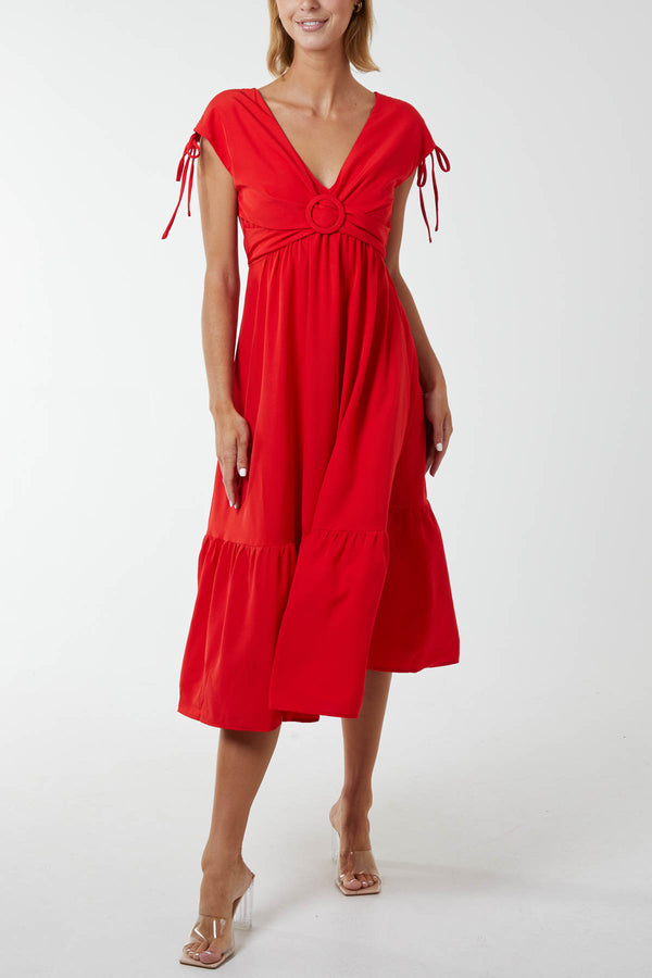 qed london Ring Front Midi Dress with Channelled Shoulder Detail