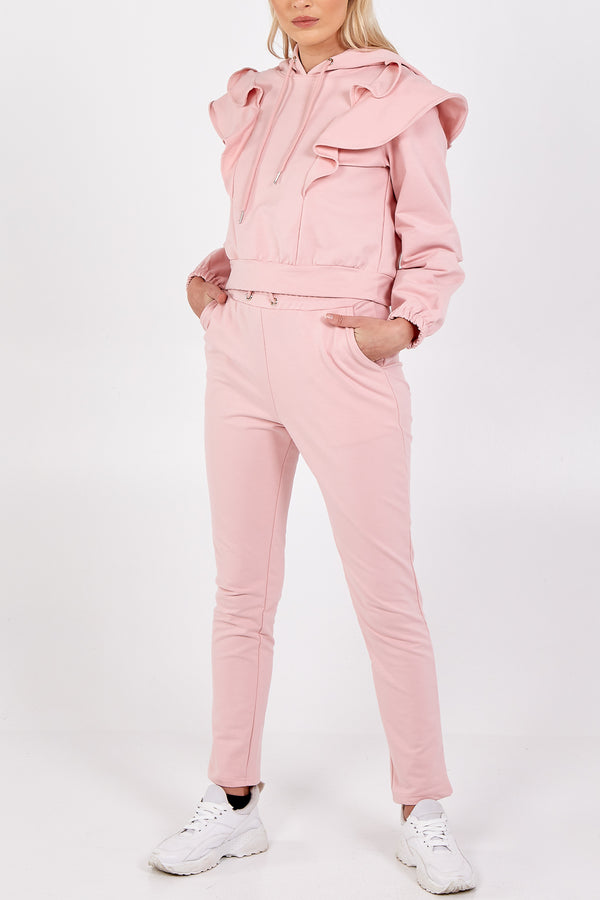 qed london Ruffle Shoulder Hoodie & Straight Leg Jogger Set