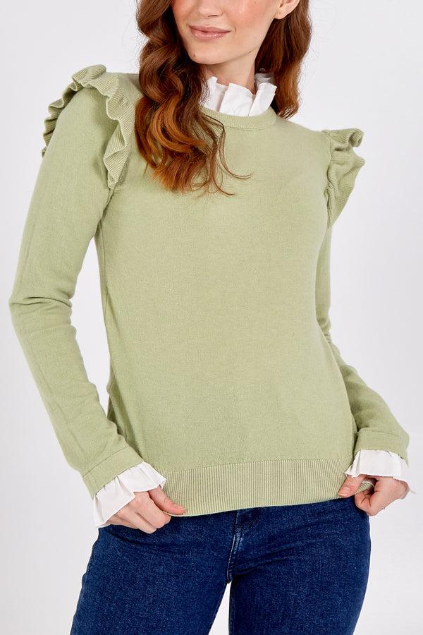 qed london Ruffle Shoulder Jumper With Frill Neck & Cuff