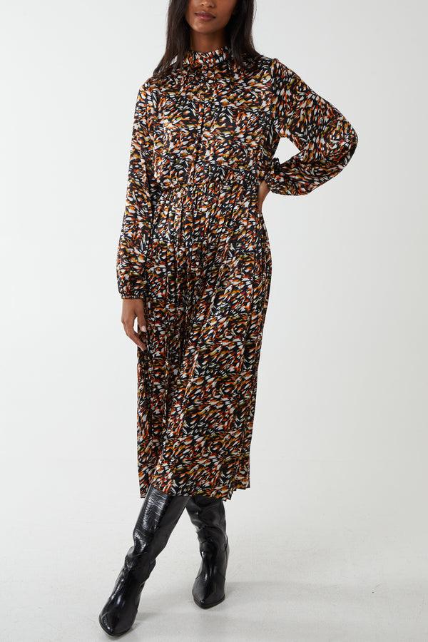 qed london Satin Abstract Animal High Neck Maxi Dress