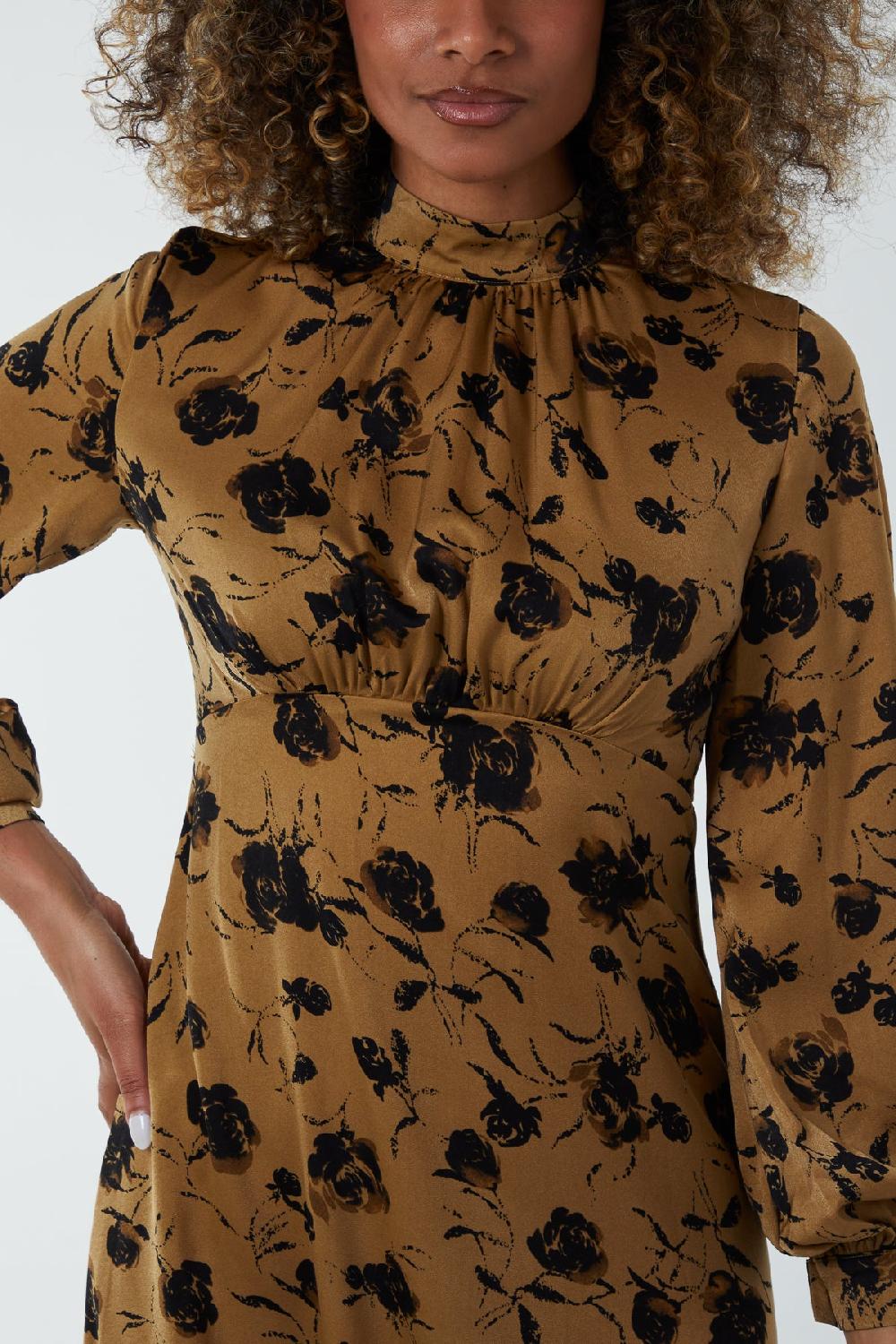 Qed London Satin Floral High Ruched Neck Midi Dress