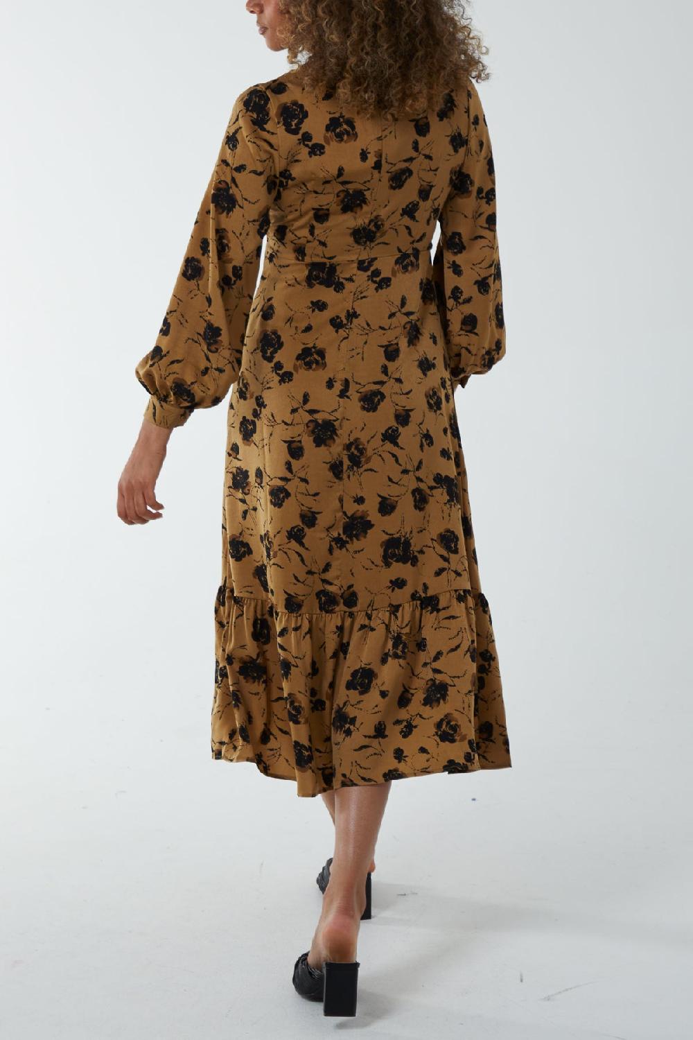 Qed London Satin Floral High Ruched Neck Midi Dress