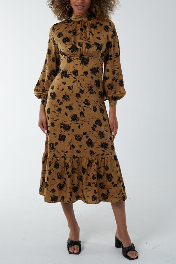 qed london Satin Floral High Ruched Neck Midi Dress
