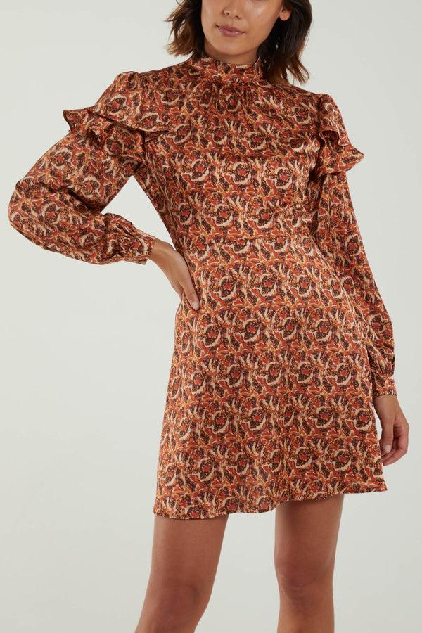 Qed London Satin Ruffle Sleeve High Neck Swing Mini Dress