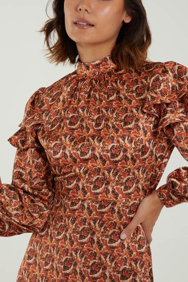 Qed London Satin Ruffle Sleeve High Neck Swing Mini Dress