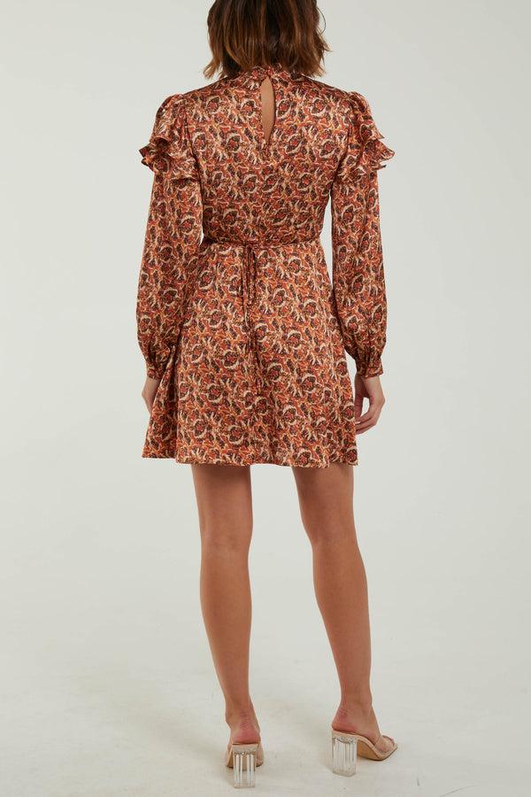 Qed London Satin Ruffle Sleeve High Neck Swing Mini Dress