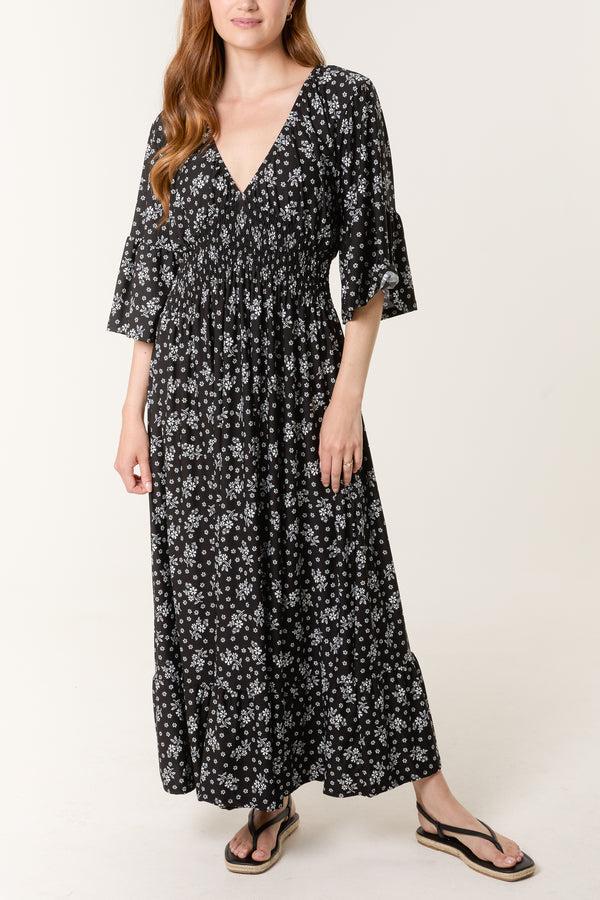 Qed London Scatter Floral Print Shirred Stretch Dress