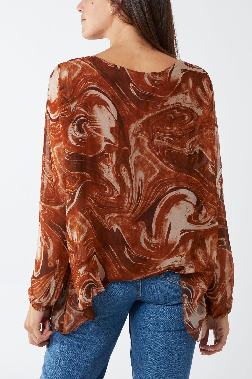 Qed London Scoop Neck Abstract Swirl Print Silk Blouse