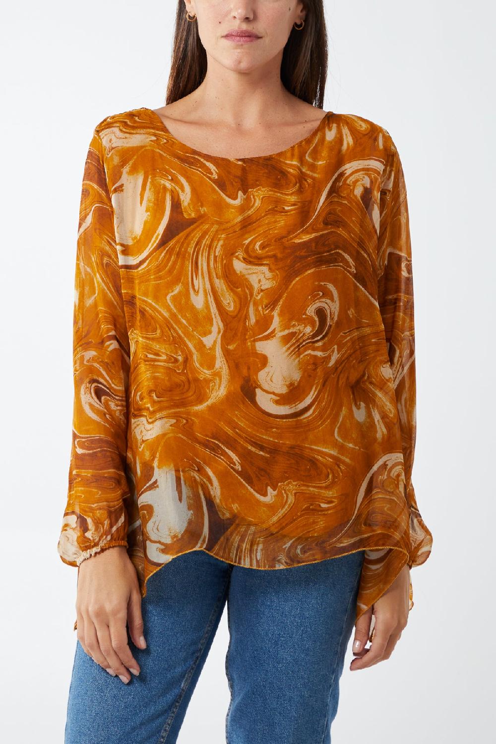 Qed London Scoop Neck Abstract Swirl Print Silk Blouse