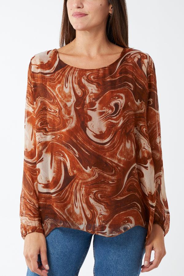 qed london Scoop Neck Abstract Swirl Print Silk Blouse