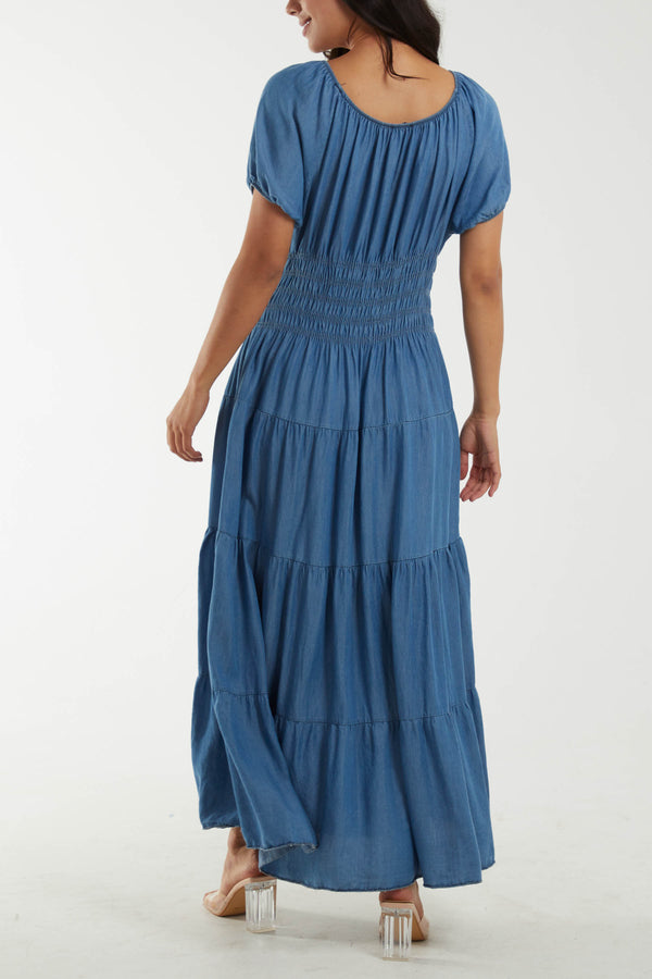 Qed London Scoop Neck Button Through Denim Maxi Dress