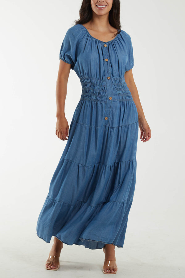 qed london Scoop Neck Button Through Denim Maxi Dress