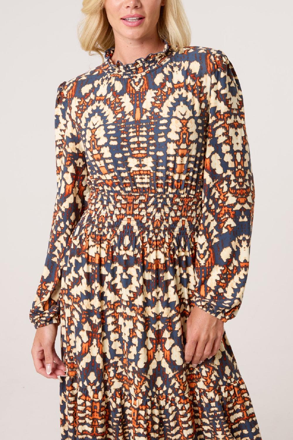 Qed London Shirred High Neck Abstract Stretch Dress