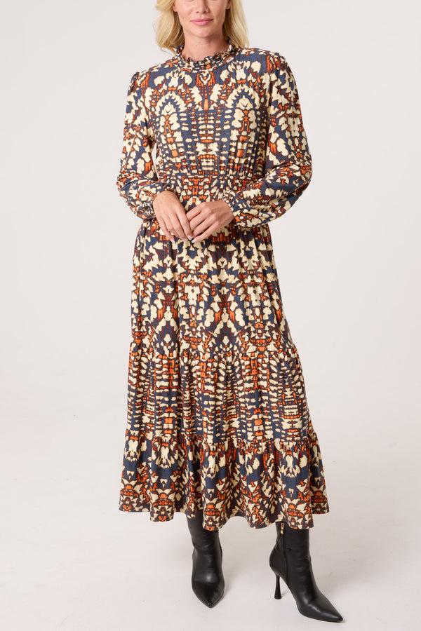 qed london Shirred High Neck Abstract Stretch Dress