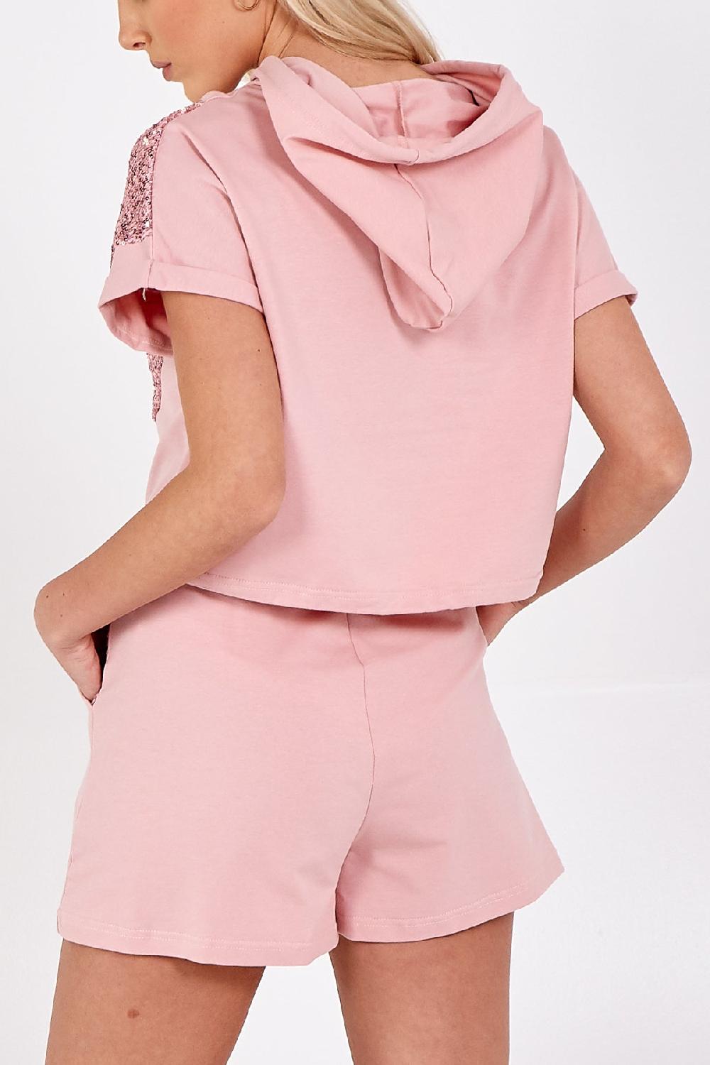 Qed London Short Sleeve Hoodie & Sequin Detail Shorts