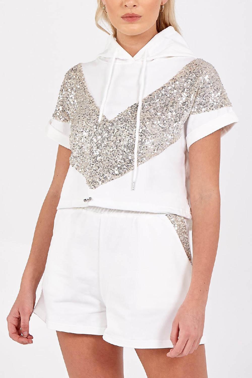 Qed London Short Sleeve Hoodie & Sequin Detail Shorts