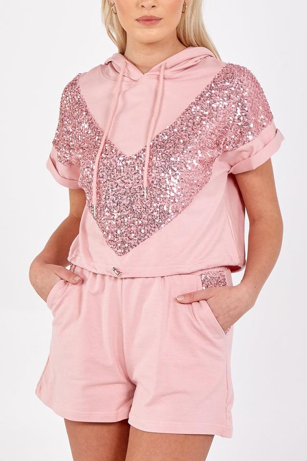 qed london Short Sleeve Hoodie & Sequin Detail Shorts