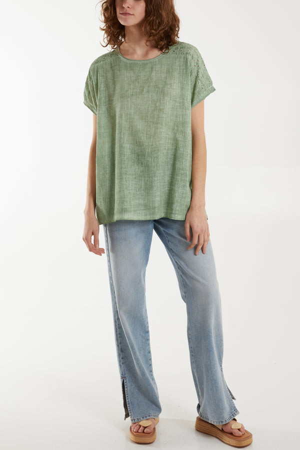 Qed London Stone Wash Broderie Anglaise Shoulder Top