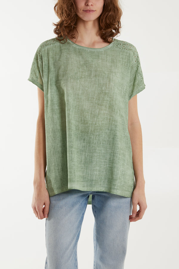 qed london Stone Wash Broderie Anglaise Shoulder Top