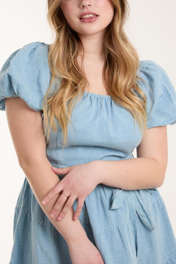 Qed London Stone Wash Puff Sleeve Belted Mini Dress