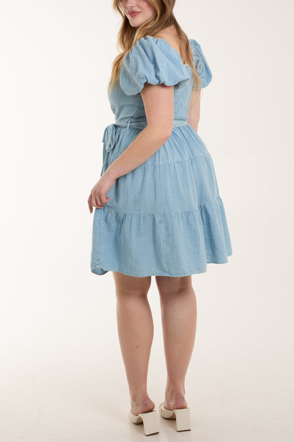 Qed London Stone Wash Puff Sleeve Belted Mini Dress