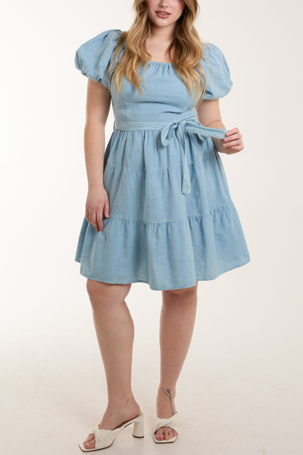 qed london Stone Wash Puff Sleeve Belted Mini Dress