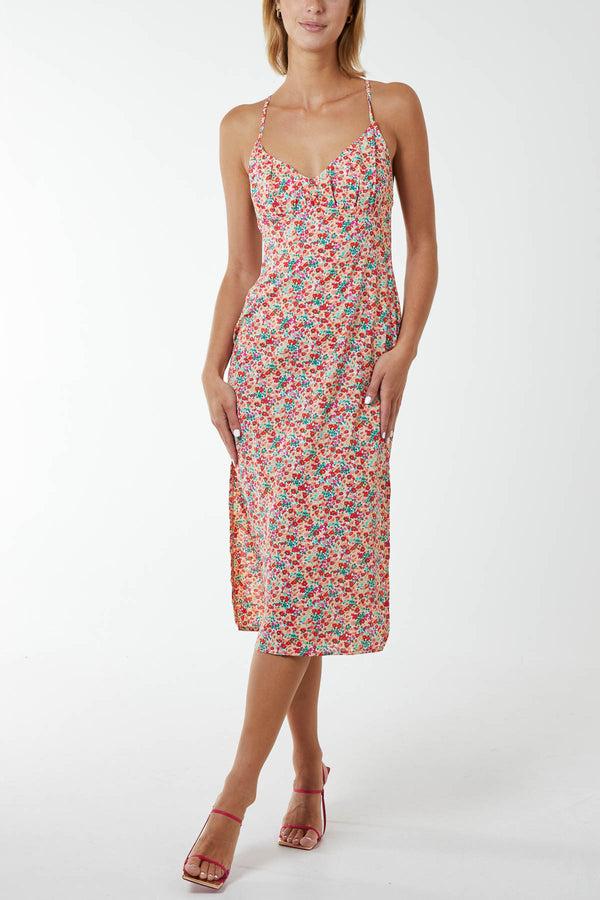 qed london Strappy Floral Cami Dress with Covered Buttons