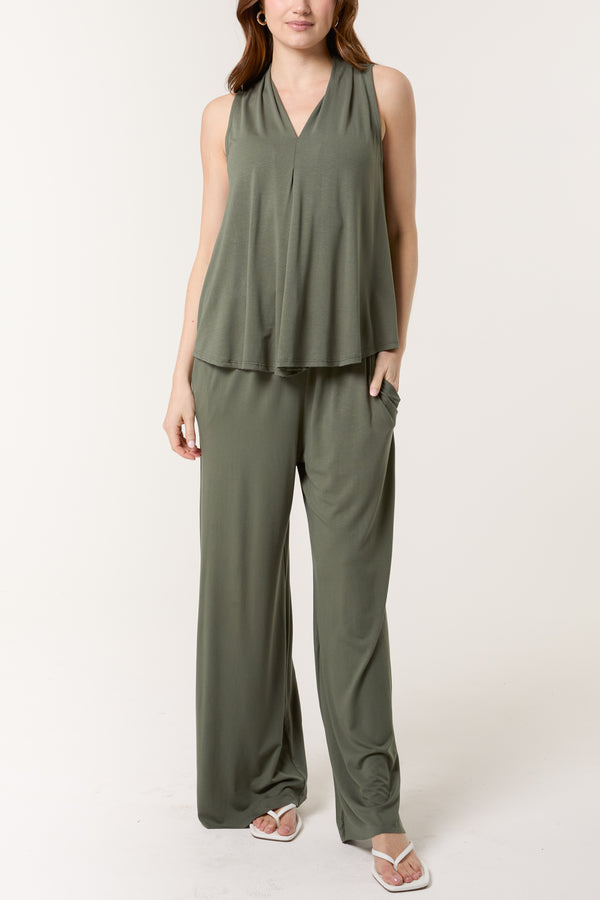 qed london Stretch Jersey Vest & Wide Leg Trouser Set