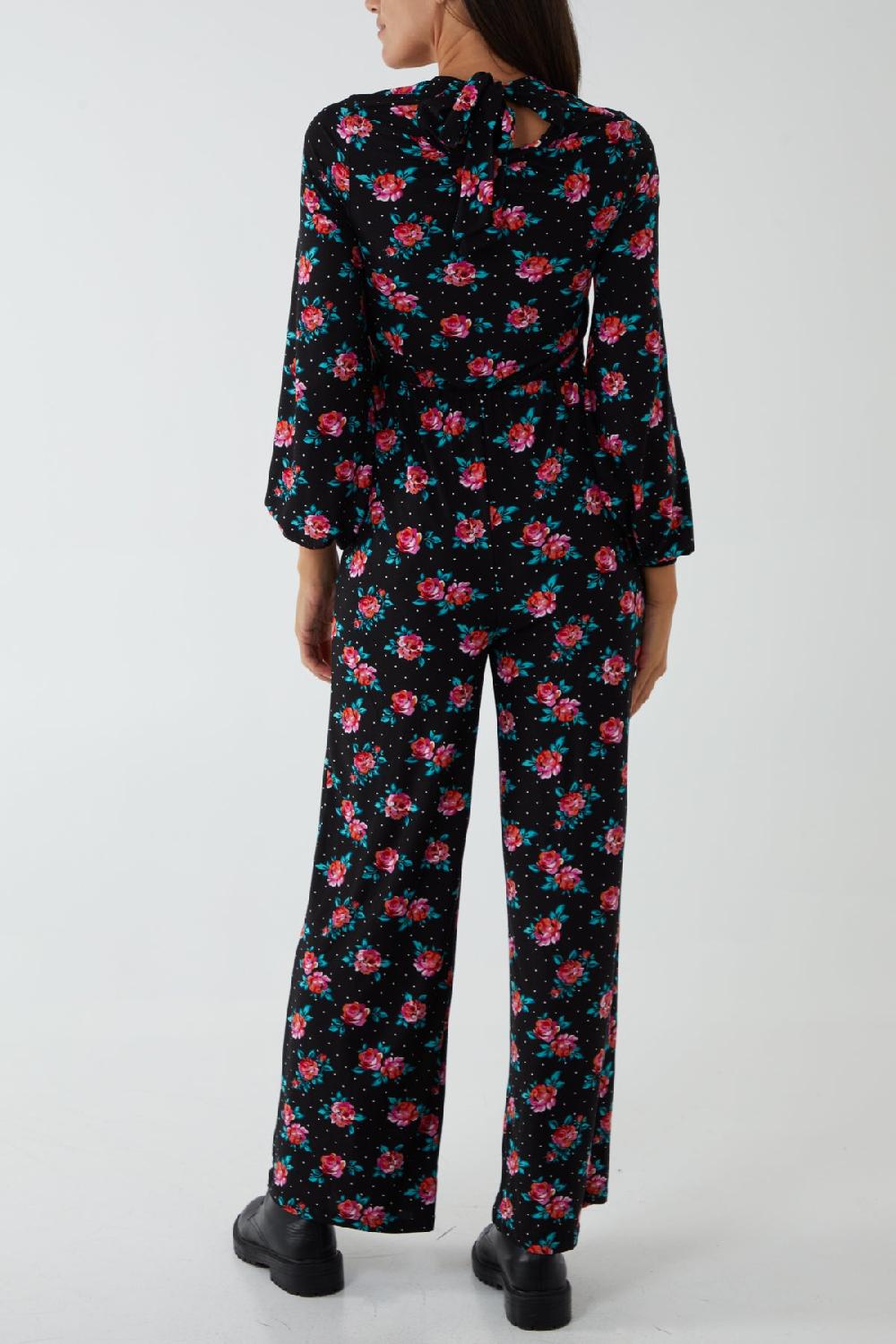 Qed London Sweetheart Neck Tie Back Floral & Dot Jumpsuit