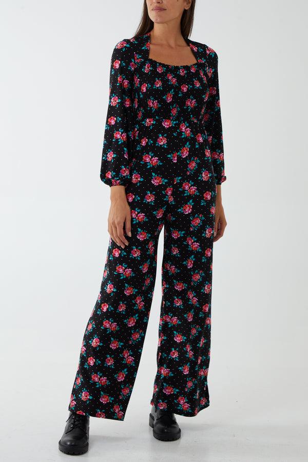 qed london Sweetheart Neck Tie Back Floral & Dot Jumpsuit