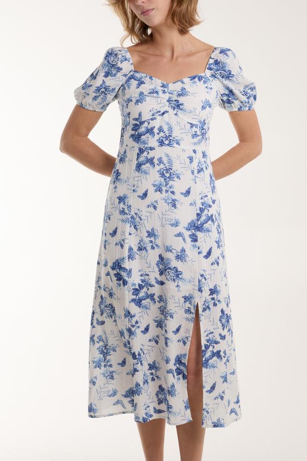 Qed London Sweetheart Neckline & Puff Sleeve Floral Dress