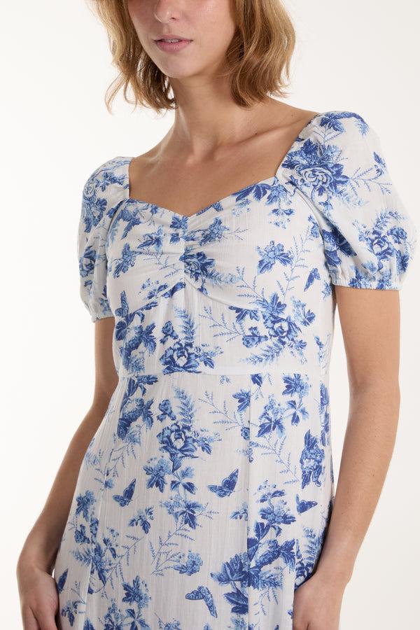 Qed London Sweetheart Neckline & Puff Sleeve Floral Dress