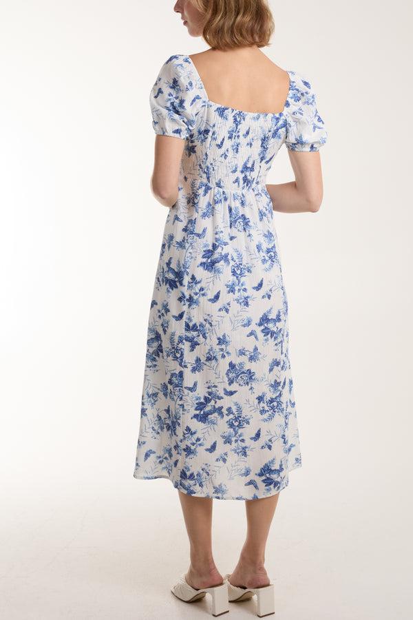 Qed London Sweetheart Neckline & Puff Sleeve Floral Dress