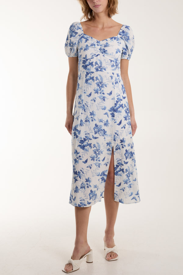 qed london Sweetheart Neckline & Puff Sleeve Floral Dress