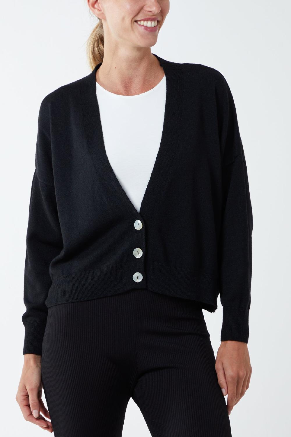 Qed London Three Button Cropped Ribbed Cuff Hem Cardigan