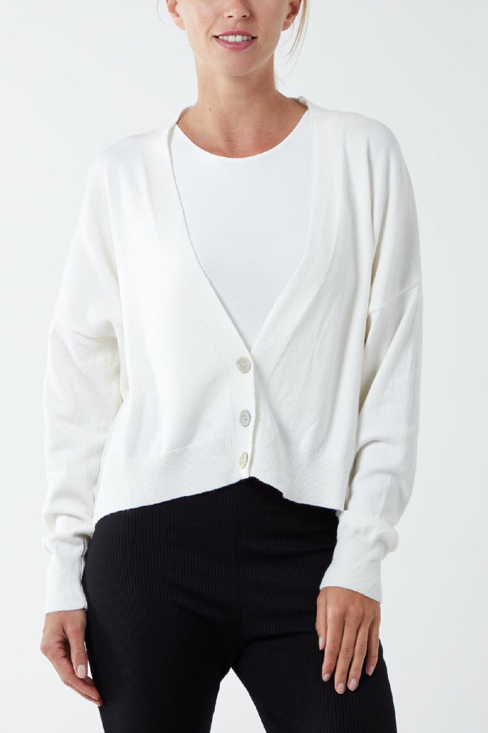 Qed London Three Button Cropped Ribbed Cuff Hem Cardigan