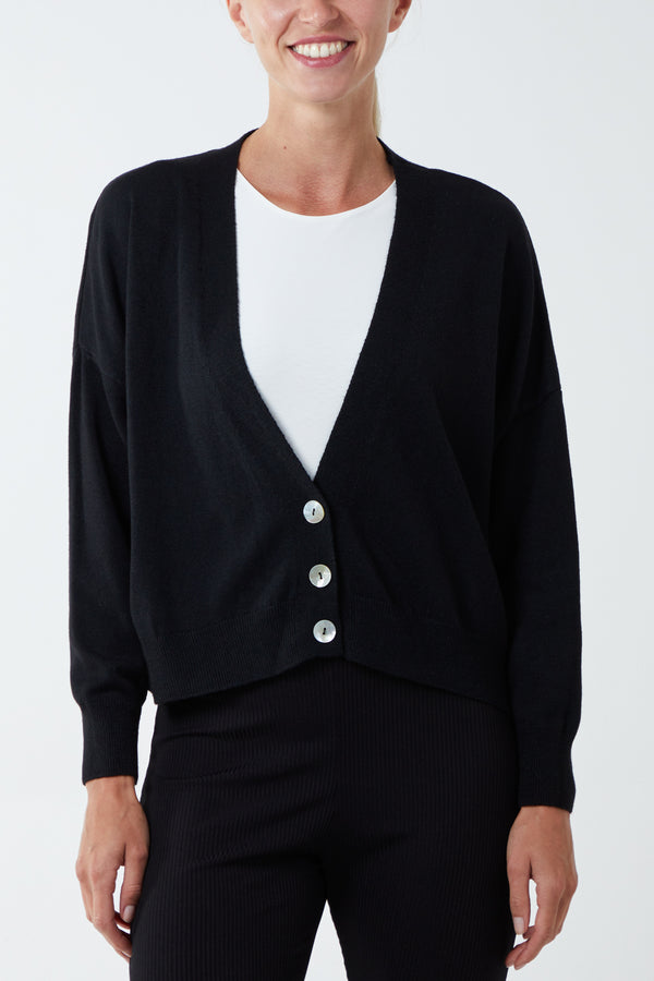 Qed London Three Button Cropped Ribbed Cuff Hem Cardigan