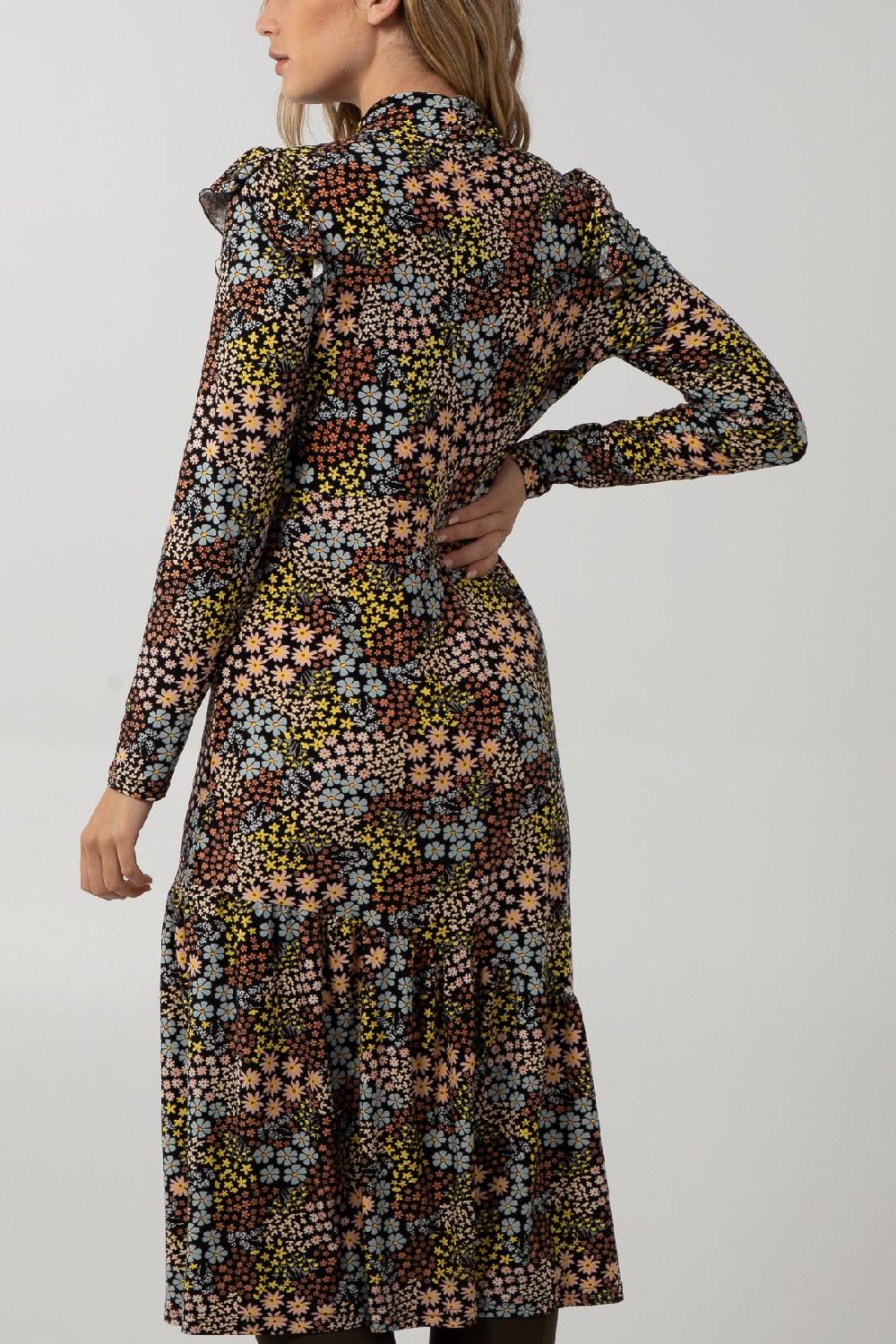 Qed London Tie Neck Tier Bottom Soft Touch Midi Dress