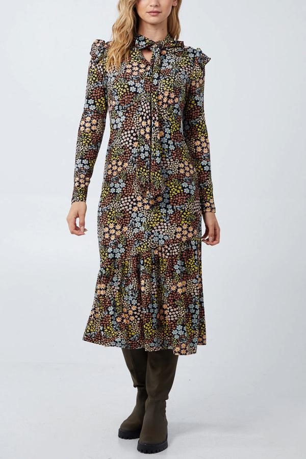 qed london Tie Neck Tier Bottom Soft Touch Midi Dress