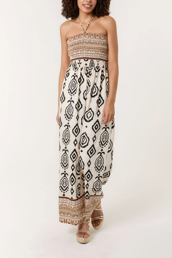 qed london Tribal Print Shirred Bodice Halterneck Jumpsuit