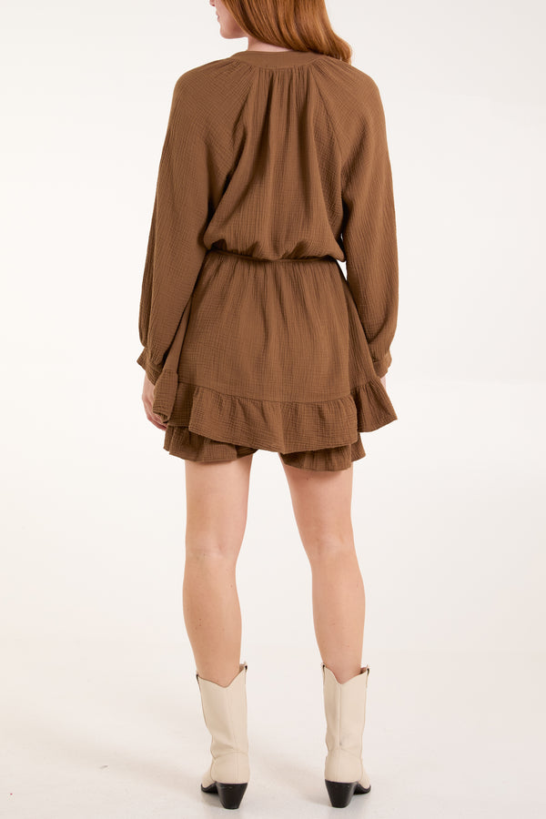 Qed London Triple Tie Front Cheesecloth Frill Dress