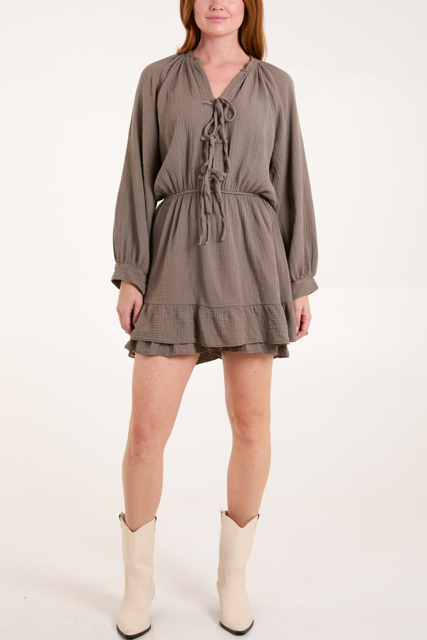 Qed London Triple Tie Front Cheesecloth Frill Dress