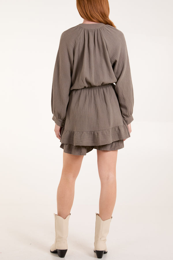 Qed London Triple Tie Front Cheesecloth Frill Dress