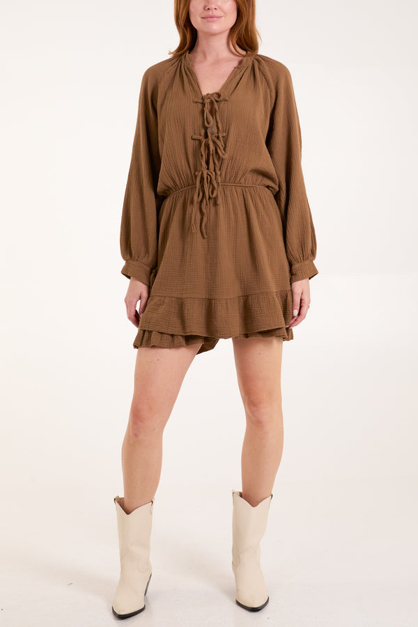 qed london Triple Tie Front Cheesecloth Frill Dress